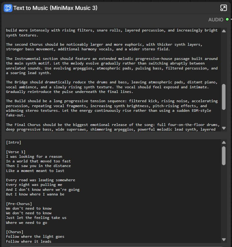 The Caption and Lyrics text fields inside the MiniMax Music 3 node, filled in with an example