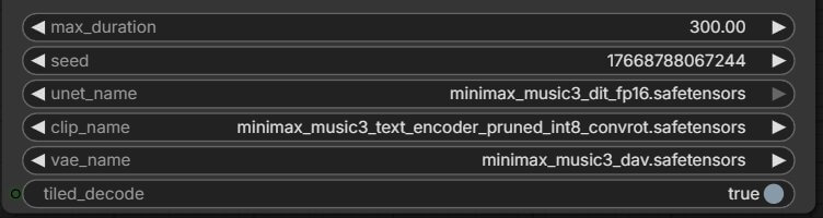 MiniMax Music 3 node showing the max_duration, seed, and tiled_decode widgets