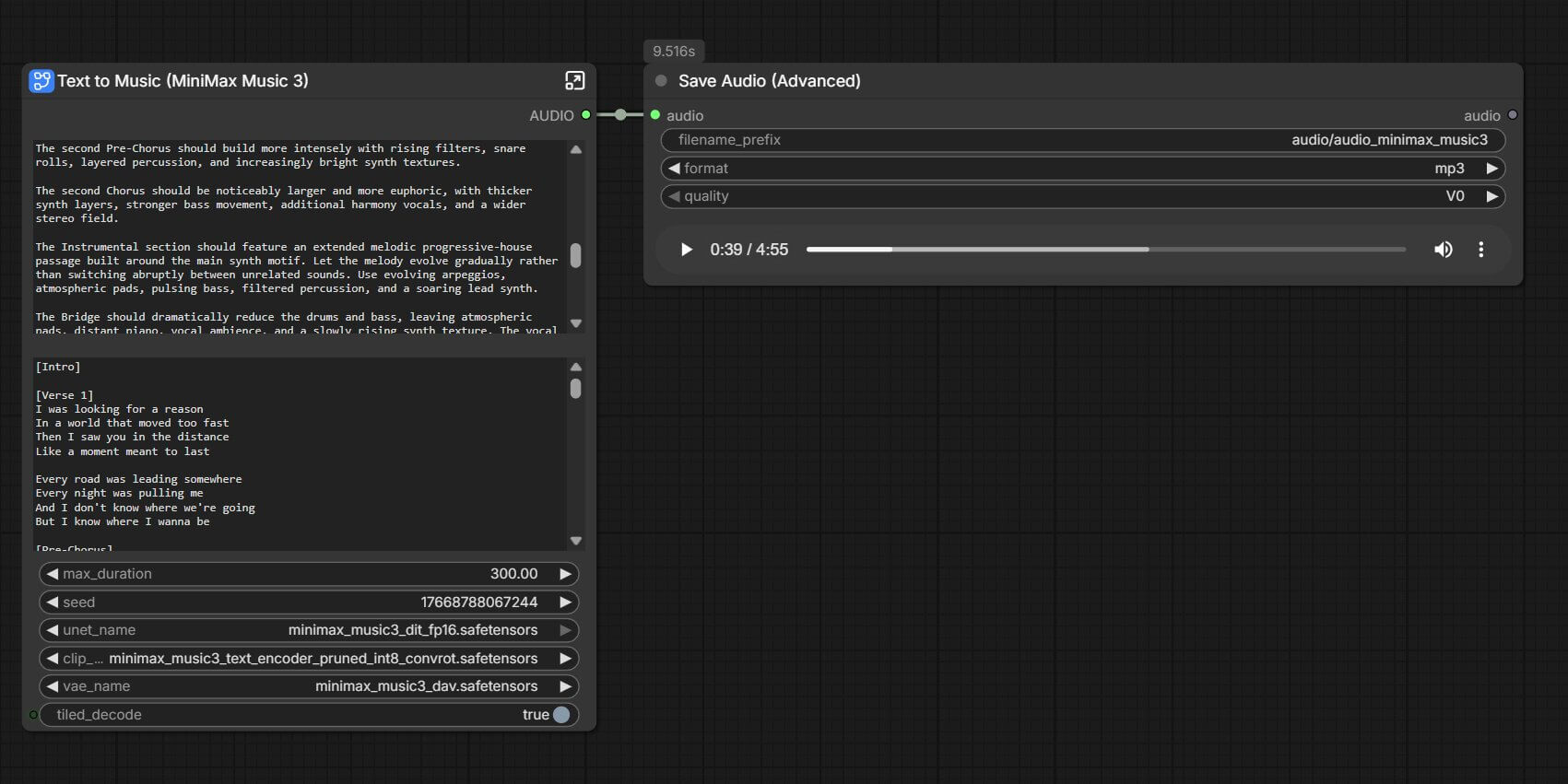 The MiniMax Music 3 node graph loaded on the ComfyUI canvas after opening audio_minimax_music_3.json