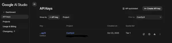 Google AI Studio interface showing the API Keys section and Create API Key button