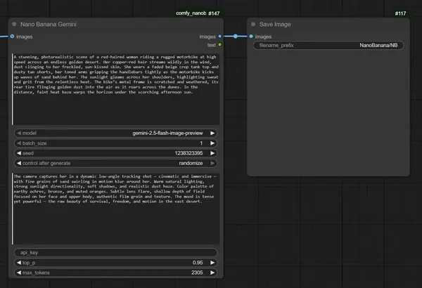 Nano Banana ComfyUI node showing the prompt fields and gemini-2.5-flash-image-preview model selected