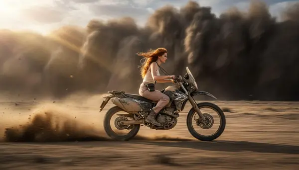 Last frame image — red-haired girl riding the bike through a desert with a sandstorm behind her, used as the end frame for FALI