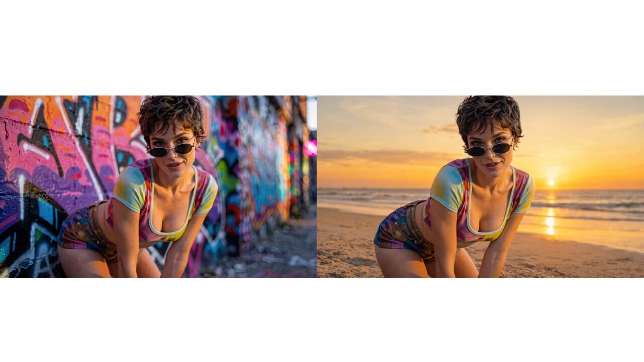 Before and after comparison of a Qwen Image 2.1 background swap edit in ComfyUI