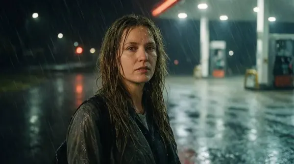Qwen Image 2512 example — cinematic night scene with woman at gas station in heavy rain, wet asphalt reflections and realistic rain streaks
