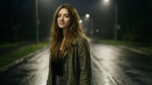Qwen Image 2512 night scene example — realistic lighting with wet asphalt reflections and natural skin texture under street lights