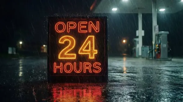 Qwen Image 2512 text rendering example — neon sign reading OPEN 24 HOURS with accurate spelling and sharp typography in a rainy night scene