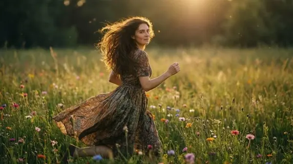 Qwen Image 2512 example output — young woman running through a wildflower field at golden hour with natural motion blur, soft sunlight, and cinematic depth of field