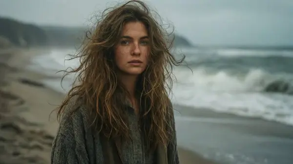 Qwen Image 2512 example — woman walking on a windy beach with ocean waves, overcast sky, natural hair movement, and muted coastal color palette