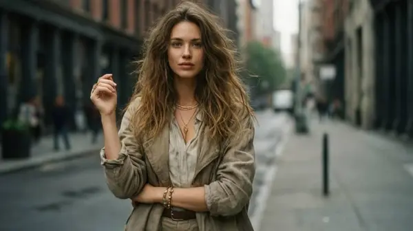 Qwen Image 2512 example — full-body realistic portrait of a young woman in street fashion with natural fabric folds and soft daylight