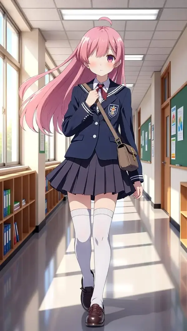 Qwen Image Edit output — same anime girl now placed in a bright clean school hallway background
