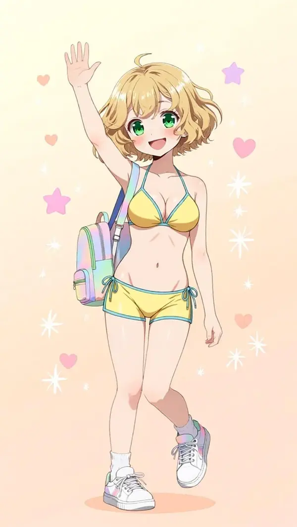 Qwen Image Edit output — anime girl with outfit changed to bikini top and matching shorts