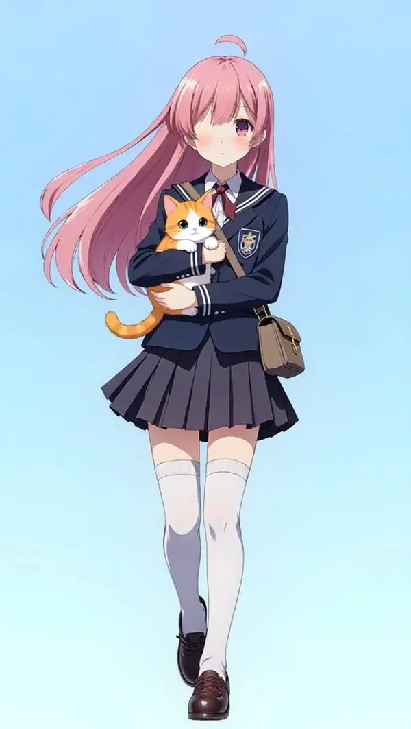 Qwen Image Edit output — small cute cat added to girl's arms with matched anime style lighting