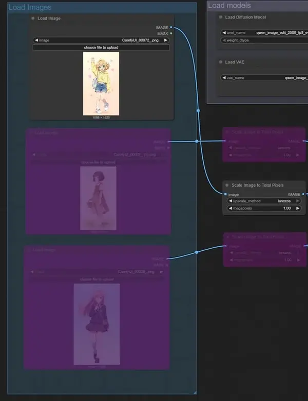 ComfyUI Load Image nodes showing three input slots for Qwen Image Edit 2509 — two can be disabled for single-image editing