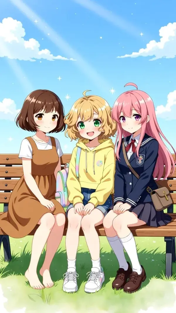Qwen Image Edit output — three anime girls merged sitting together on a bench naturally