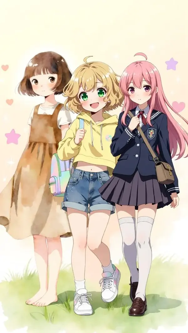 Qwen Image Edit output — three anime girls standing side-by-side with matched lighting and colors