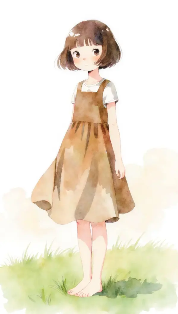 Qwen Image Edit output — basket removed from girl's hand with natural fill in watercolor style