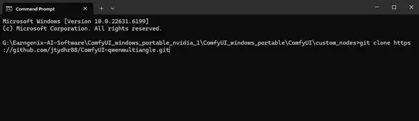 Command Prompt showing git clone command downloading the ComfyUI-qwenmultiangle repository successfully