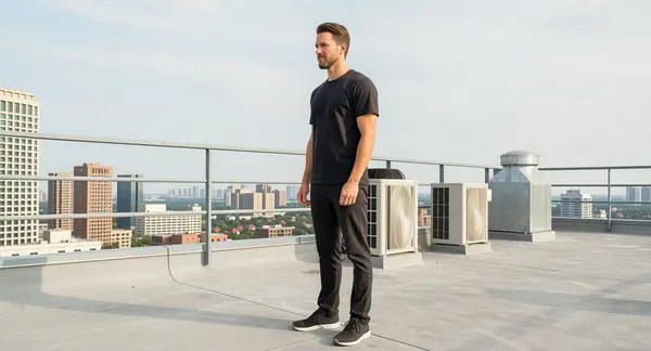 Qwen Multiangle output — man on rooftop, angle 1: front view
