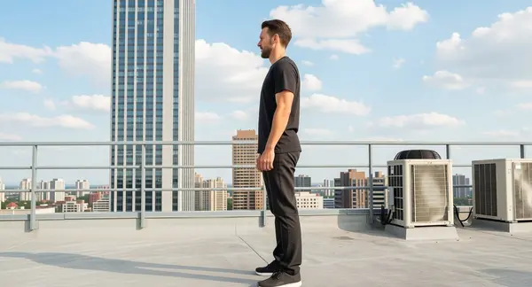 Qwen Multiangle output — man on rooftop, angle 2: three-quarter view