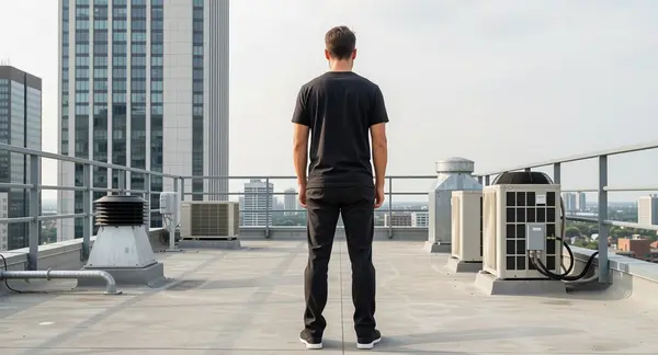 Qwen Multiangle output — man on rooftop, angle 3: side profile