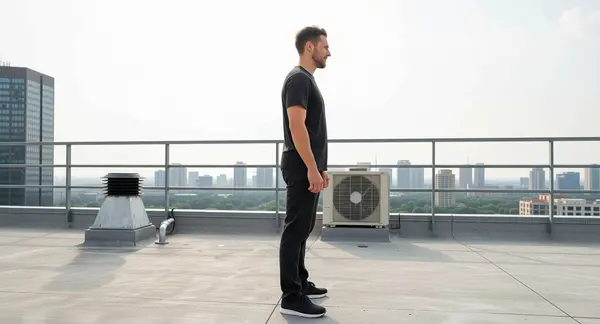 Qwen Multiangle output — man on rooftop, angle 4: back view