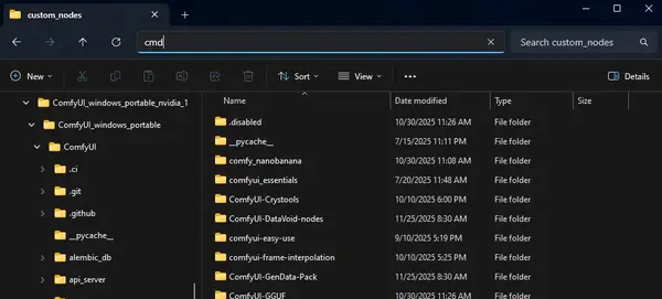 Windows Explorer address bar showing cmd typed to open Command Prompt inside the ComfyUI custom_nodes folder