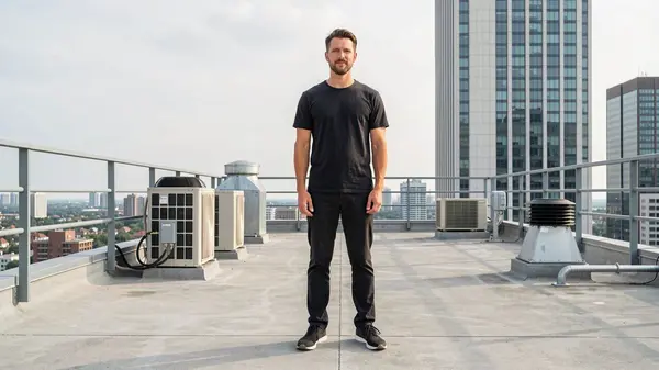 Reference image: a man standing on a rooftop, used as input for Qwen Multiangle