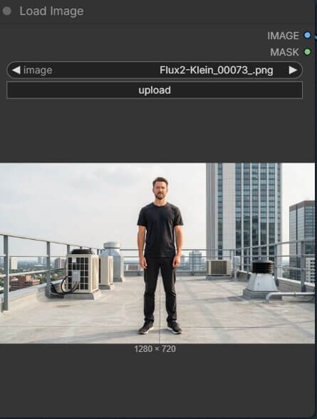 ComfyUI Load Image node showing a reference portrait image uploaded and ready for Qwen Multiangle processing