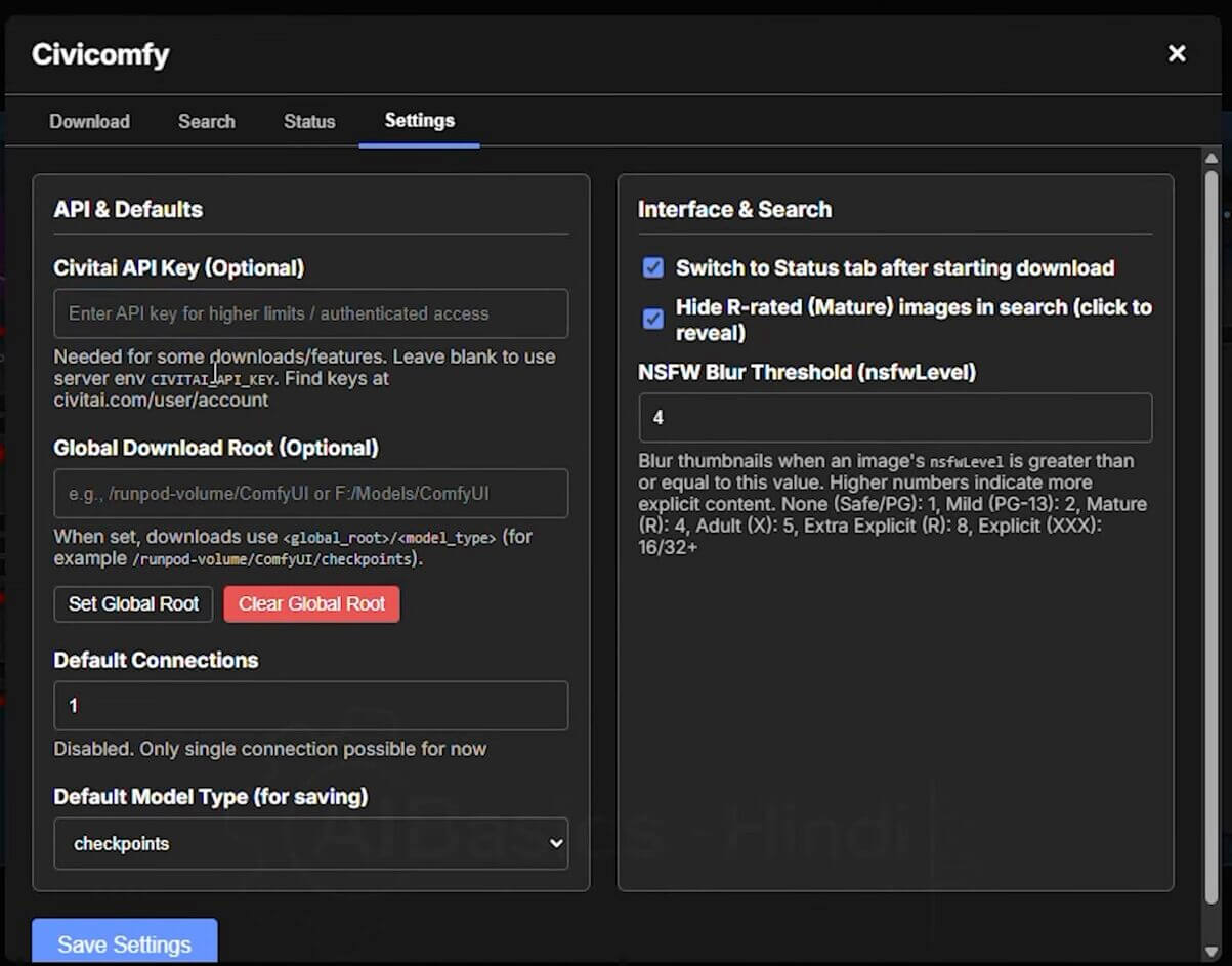 Civicomfy window with the Civitai API key field where you paste your key