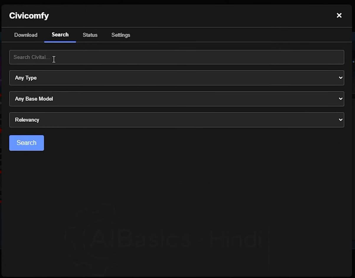 Civicomfy Search tab with a model name typed in and the search results listed below