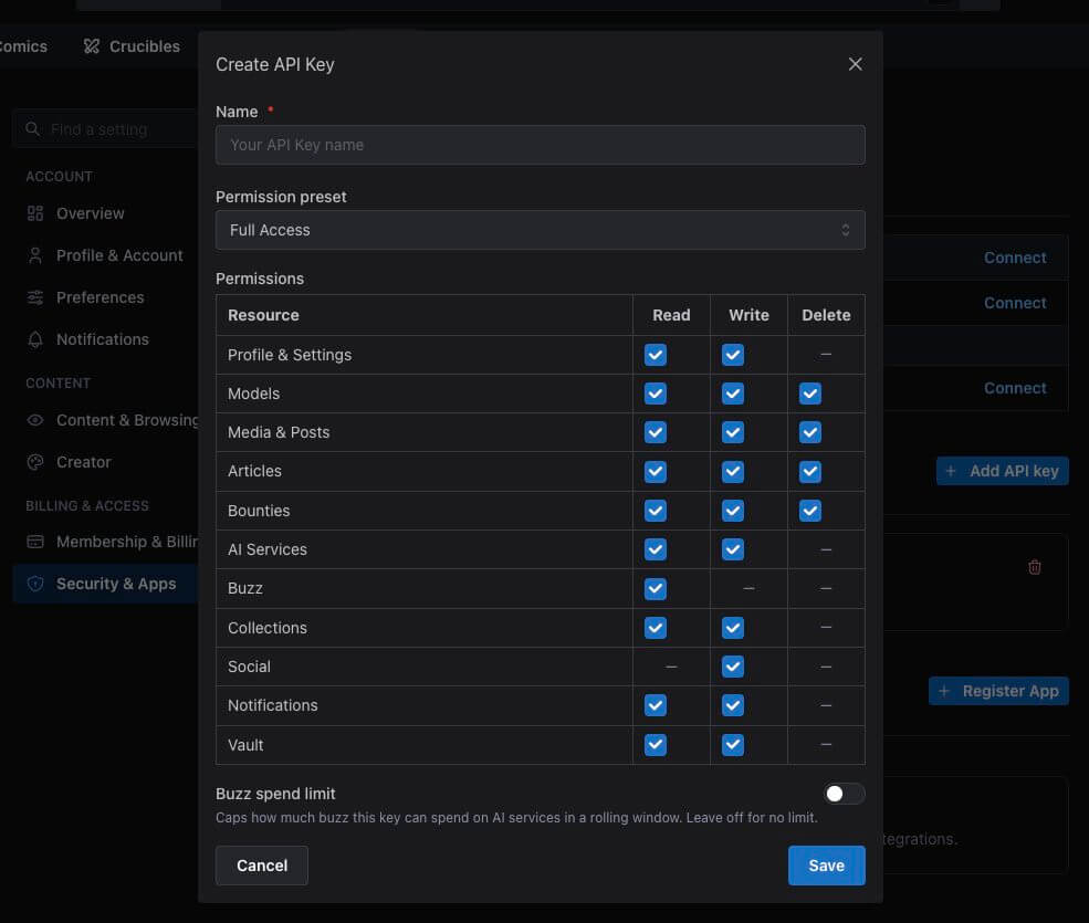 Civitai account settings page with the API Keys section where you create a new key