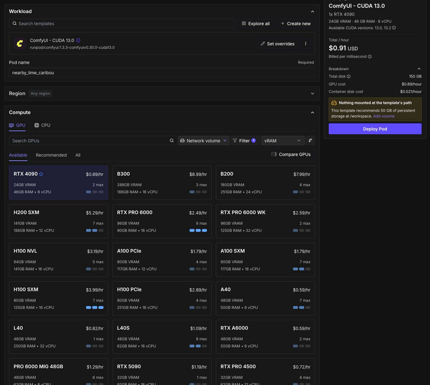 RunPod deploy screen with a GPU selected, On-Demand chosen, and a network volume attached