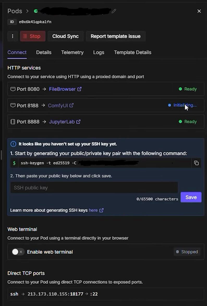 RunPod Pods page showing a new pod that is still starting