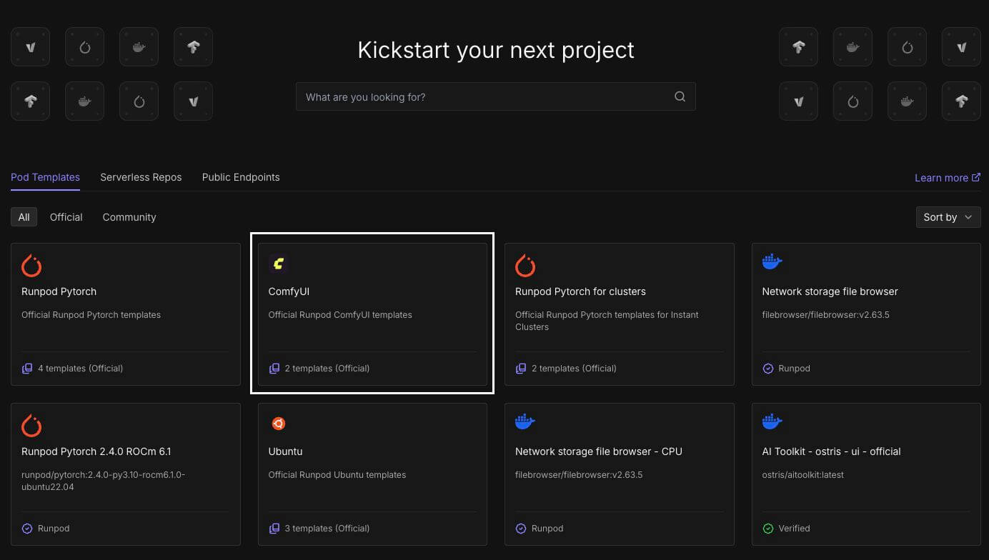 RunPod template search results showing the ComfyUI and ComfyUI Blackwell Edition templates