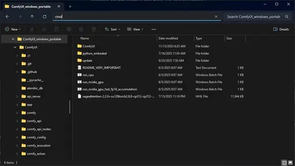 Windows Explorer address bar with cmd typed to open Command Prompt in the ComfyUI_windows_portable folder