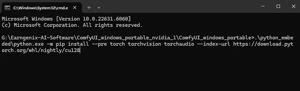 Command Prompt showing the latest Torch CUDA 12.8 installation completing