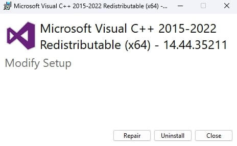 Visual C++ Redistributable installer window showing installation options