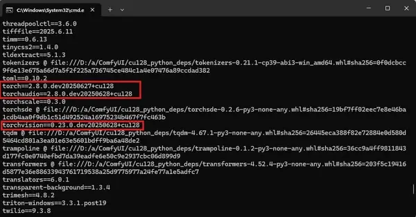 Command Prompt showing pip freeze output with torch version listed