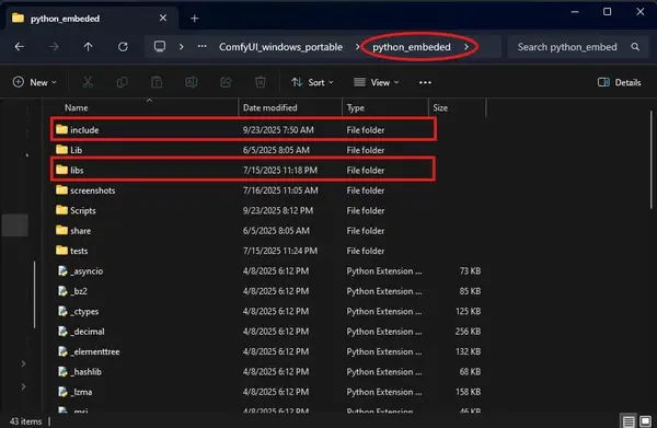 Windows Explorer showing include and libs folders being copied into the python_embeded directory