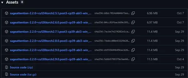 SageAttention GitHub releases page showing available .whl files for different Torch and Python versions