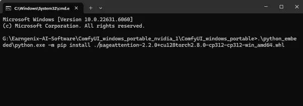 Command Prompt showing SageAttention .whl installation completing successfully