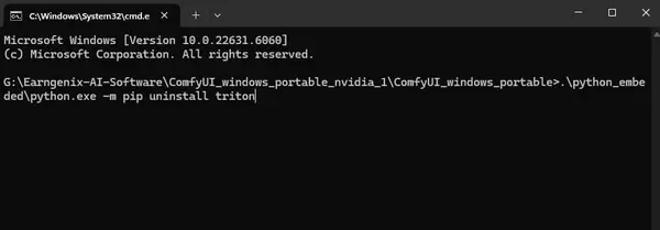 Command Prompt showing pip uninstall triton command running successfully