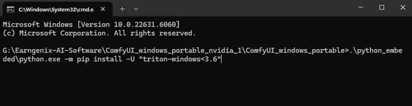 Command Prompt showing triton-windows installation completing successfully