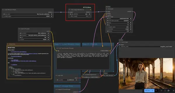 ComfyUI interface with the SageAttention test workflow loaded and ready to run