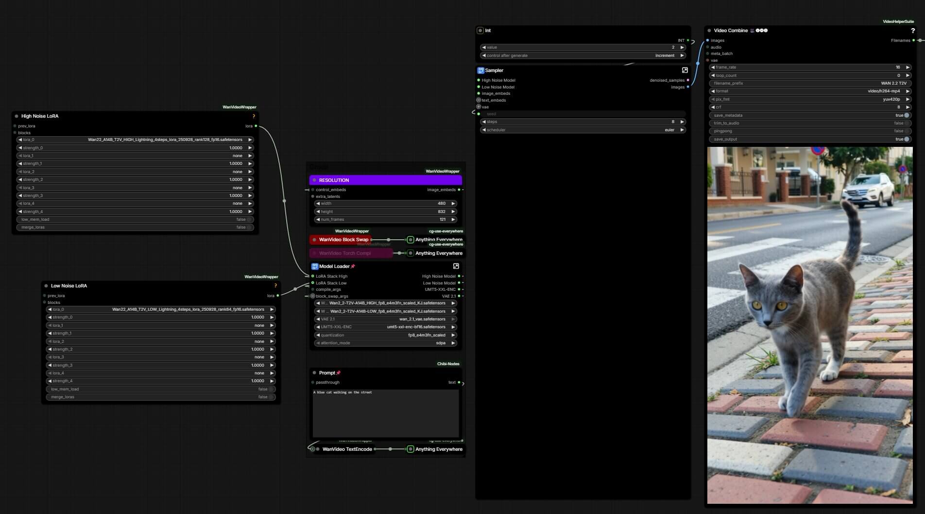 Wan 2.2 text-to-video Lightning workflow loaded on the ComfyUI canvas, showing the connected node graph