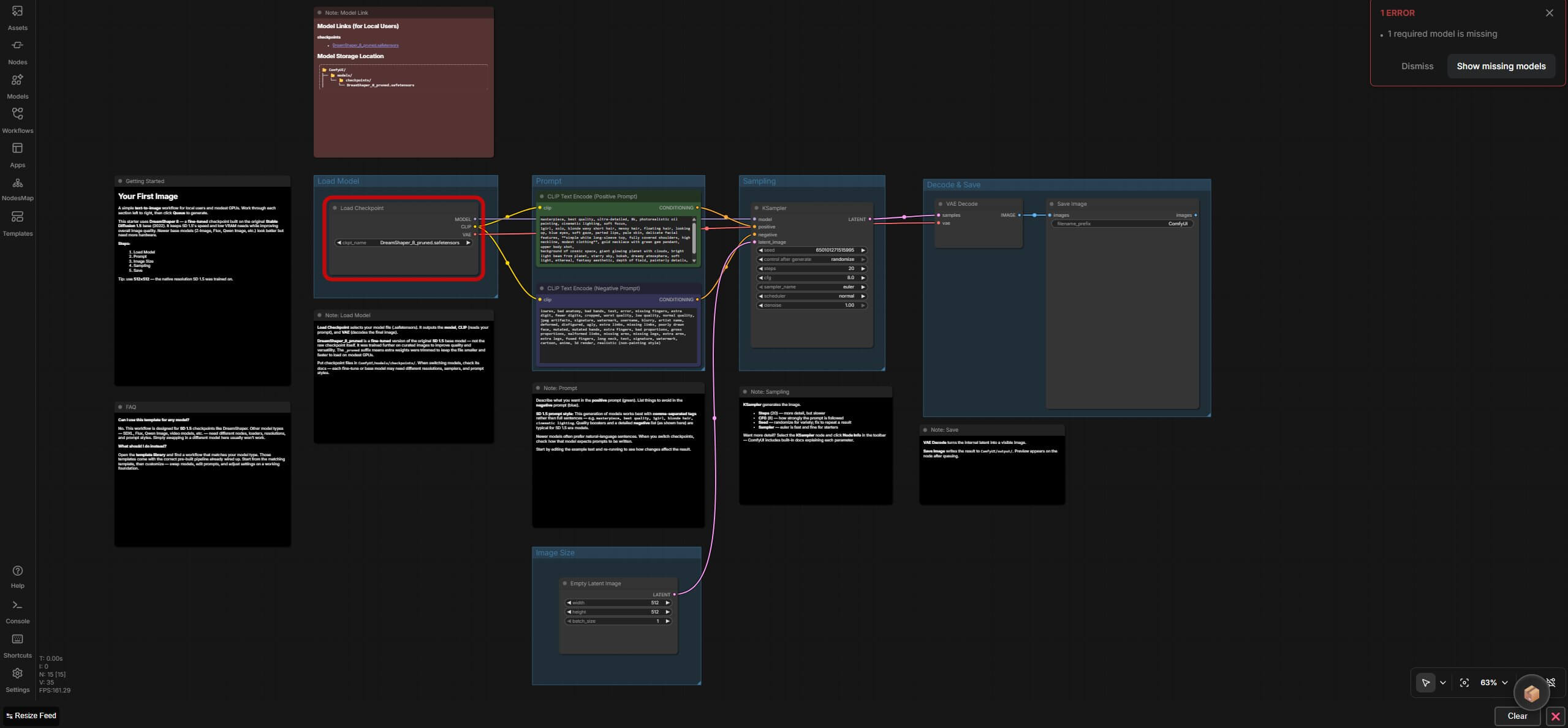 ComfyUI's default text-to-image workflow showing several connected nodes with wires between them