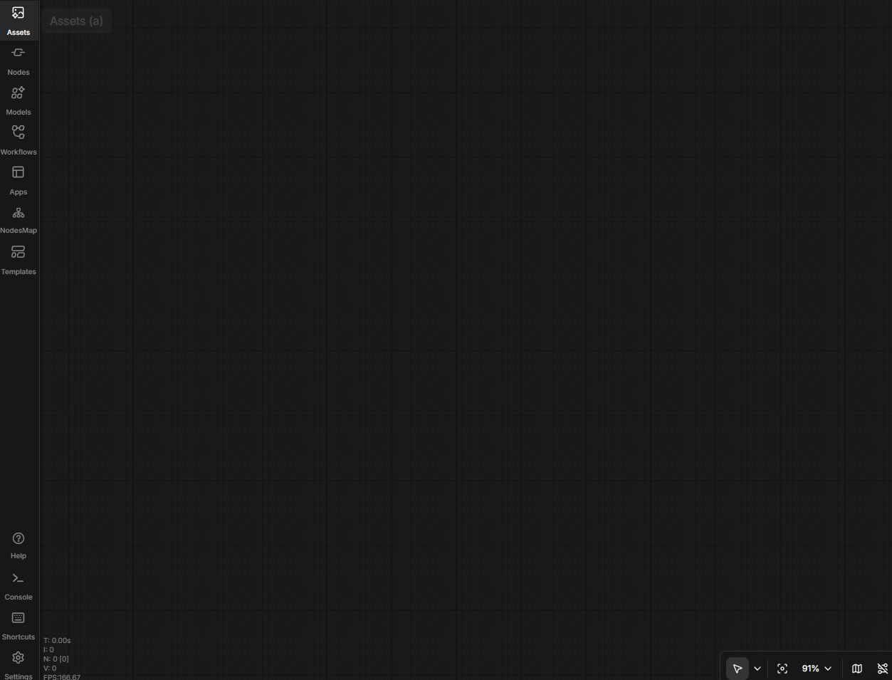 A blank ComfyUI node canvas on first launch, with no prompt box or generate button visible