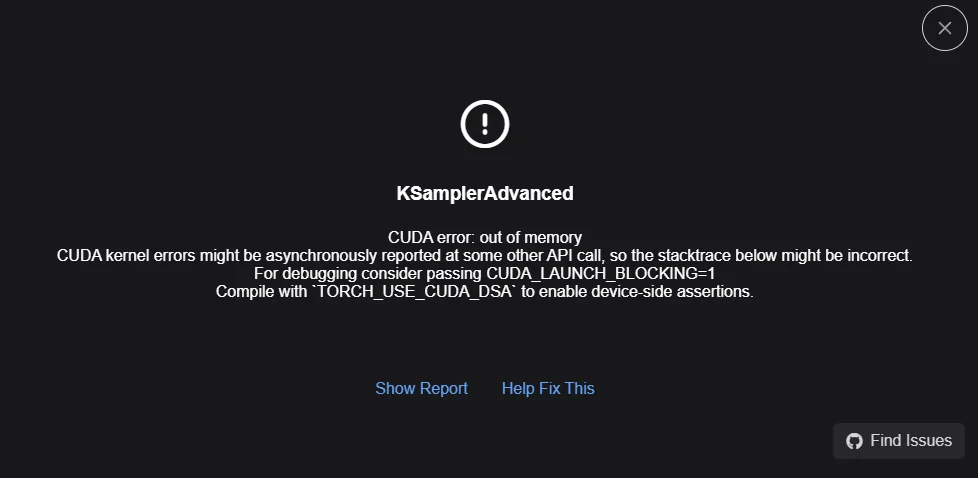 The out-of-memory error dialog shown in ComfyUI after a crash