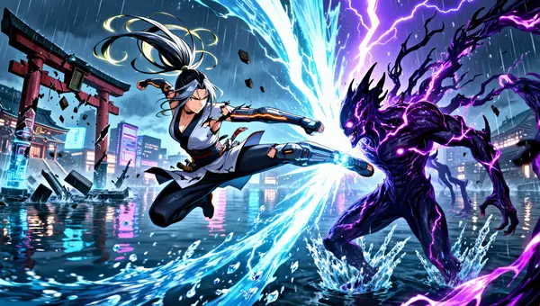 Z Image anime output — Japanese female fighter with silver-black hair performing a spinning kick mid-air in a flooded cyberpunk shrine city with neon lighting and motion blur