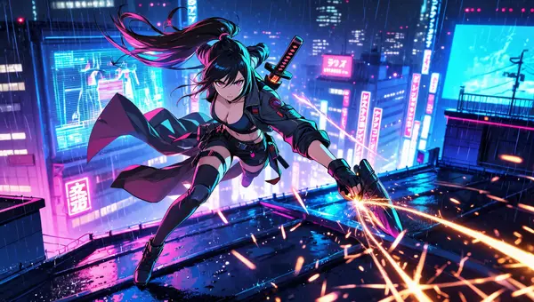 Z Image anime output — Japanese woman with flowing ponytail leaping between neon-lit rooftops in a rain-soaked futuristic Tokyo cityscape